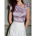 Amazon european style satin elegant solid color asymmetrical button-up top - women's summer flutter sleeve blouse