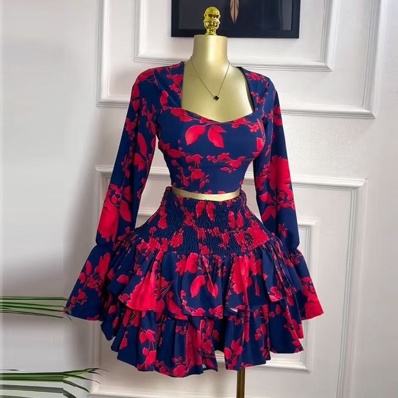 New printed long-sleeve top and fitted mini skirt two-piece set