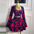 New printed long-sleeve top and fitted mini skirt two-piece set