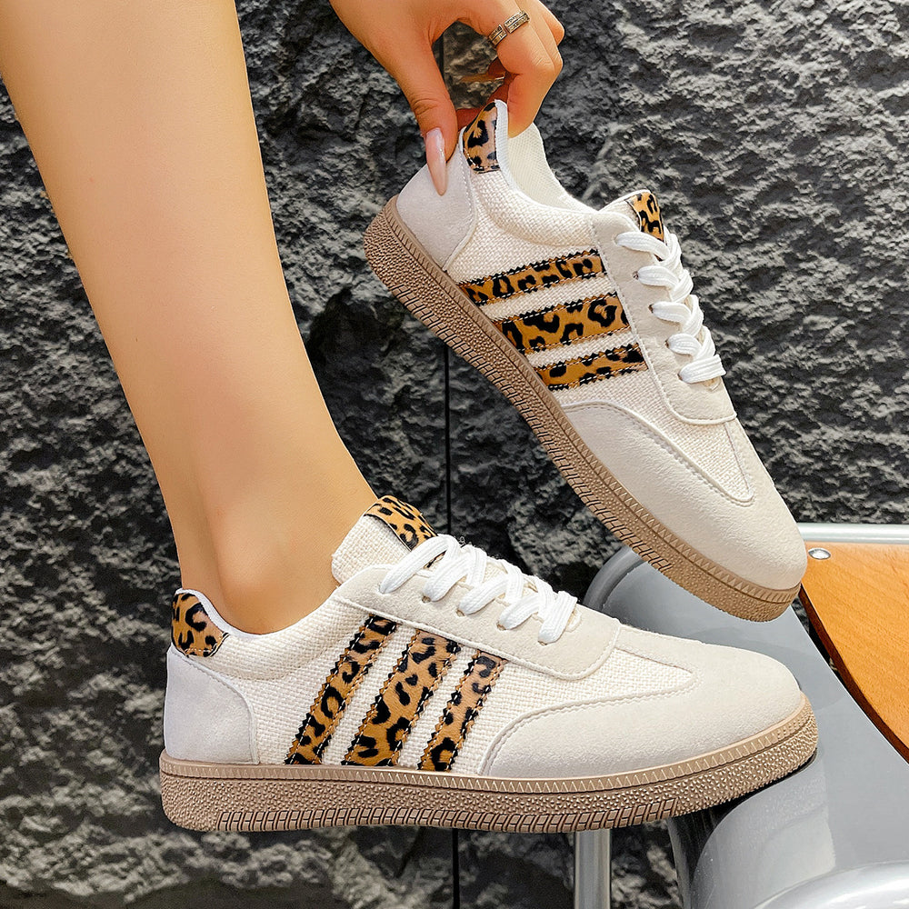 Exportplus sizespring & fallnew arrivalretro leopard print white shoes women's cross-border round toe tie backplus sizecasualeasiest for match women's shoes