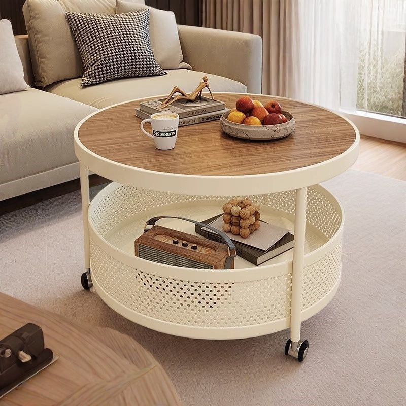 Cream style double-layer coffee table slate coffee table accessible luxury living room small apartment for home wheeled movable round table coffee table