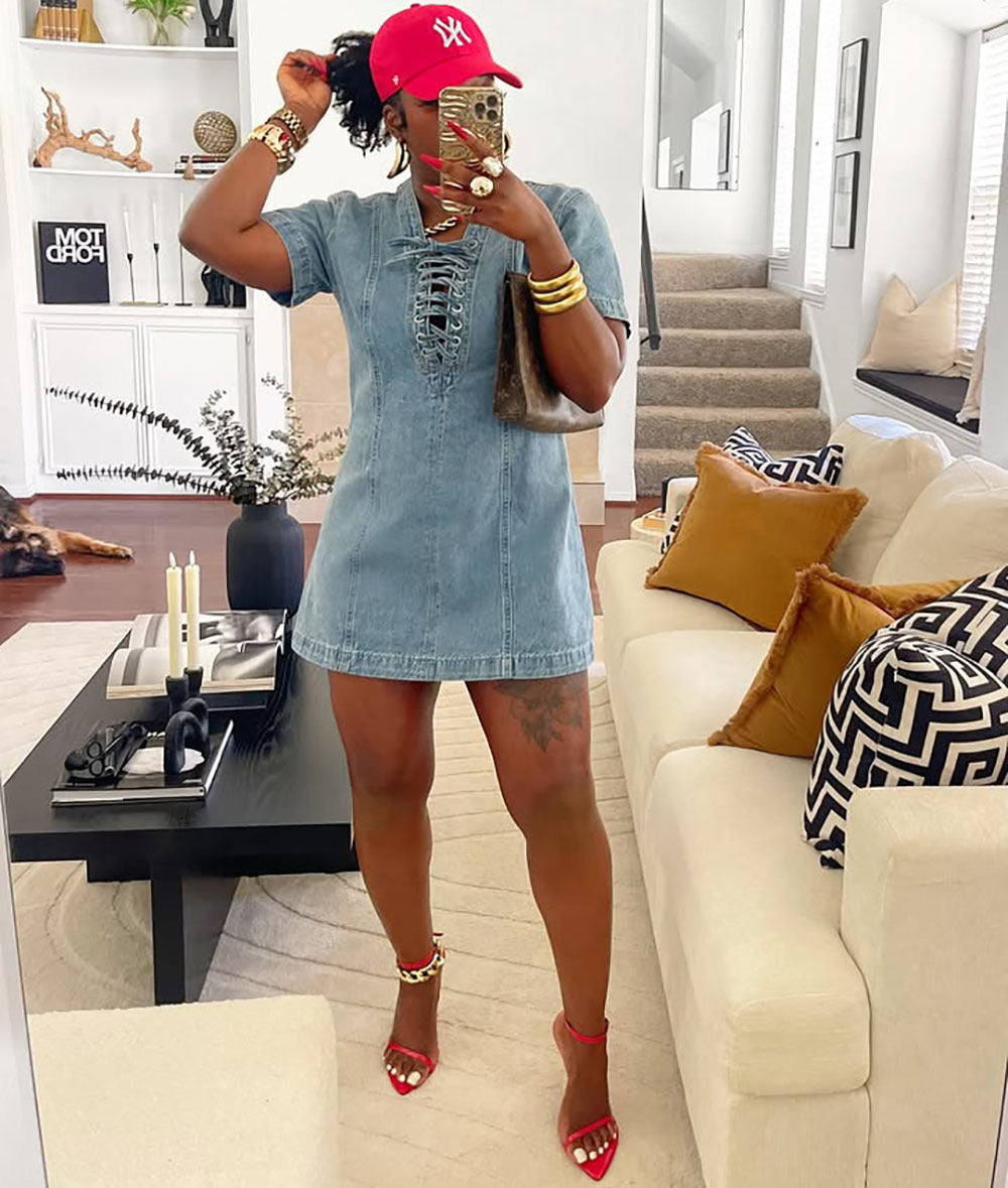 European and american style women's denim dress -  cross-border women's summer streetwear fashion tie-waist short sleeve denim skirt