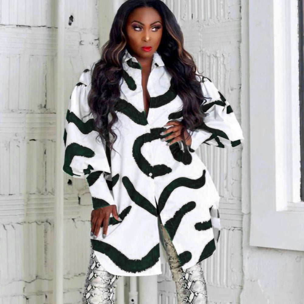 D3072  loose elegantwork clothingprinting lapel european and american large size foreign trade shirt skirt african dress