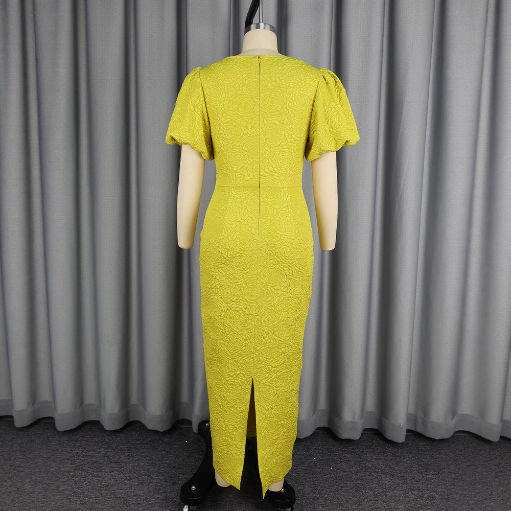 women's elegant bubble sleeve jacquard dress - bow detail, ruched waist, bodycon, evening gown