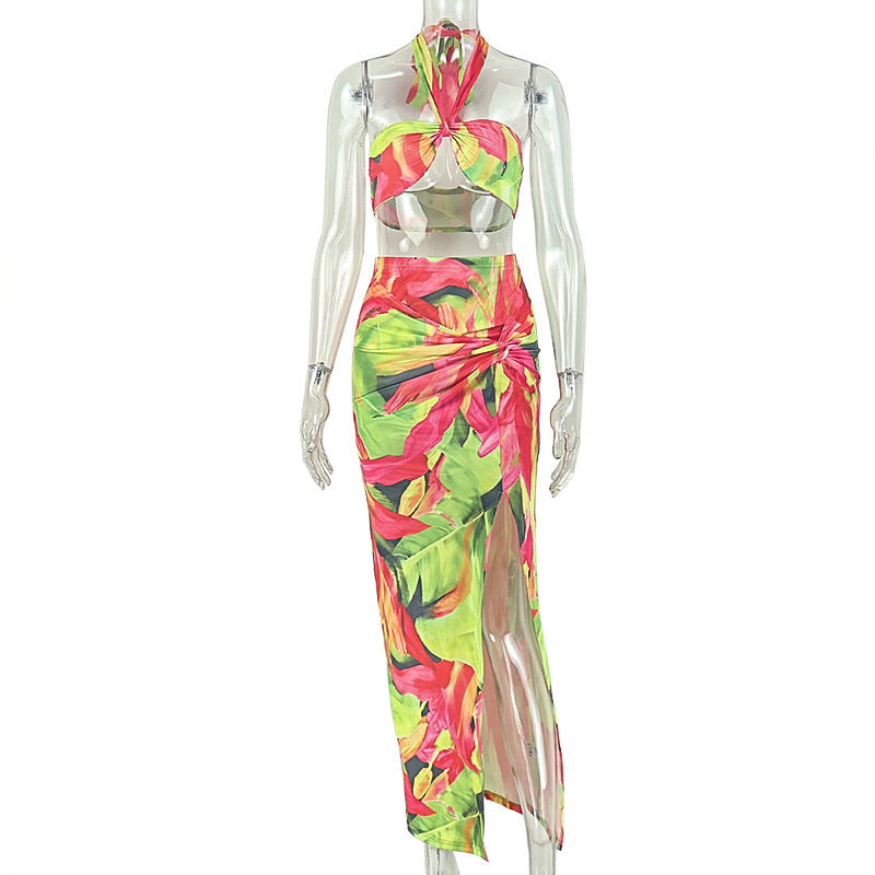 European and american style cross-border printed women's vacation beach casual dress set - bandeau halter sleeveless bodycon maxi two-piece outfit