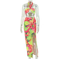 European and american style cross-border printed women's vacation beach casual dress set - bandeau halter sleeveless bodycon maxi two-piece outfit