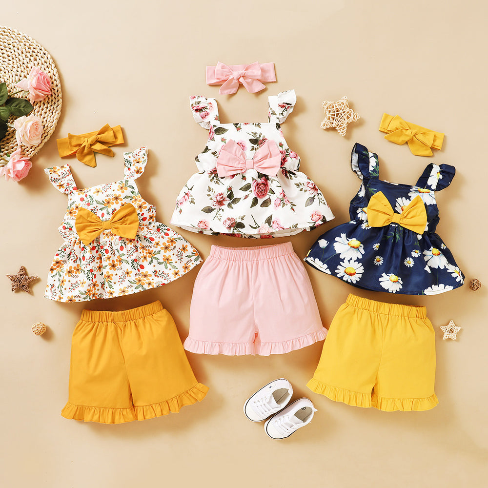 Baby girl summer outfit set: new european and american style, hot-selling sleeveless printed top + solid color lace-trimmed shorts with headband
