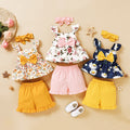 Baby girl summer outfit set: new european and american style, hot-selling sleeveless printed top + solid color lace-trimmed shorts with headband