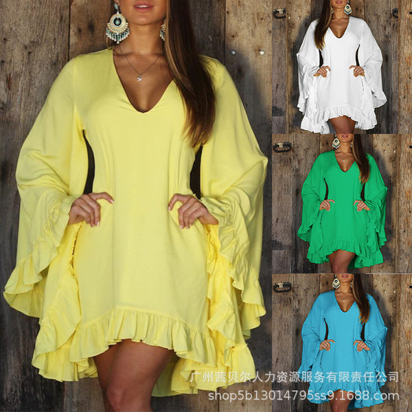 Foreign trade 2023 new yellow V-neck fungus edge horn sleeve casual dress