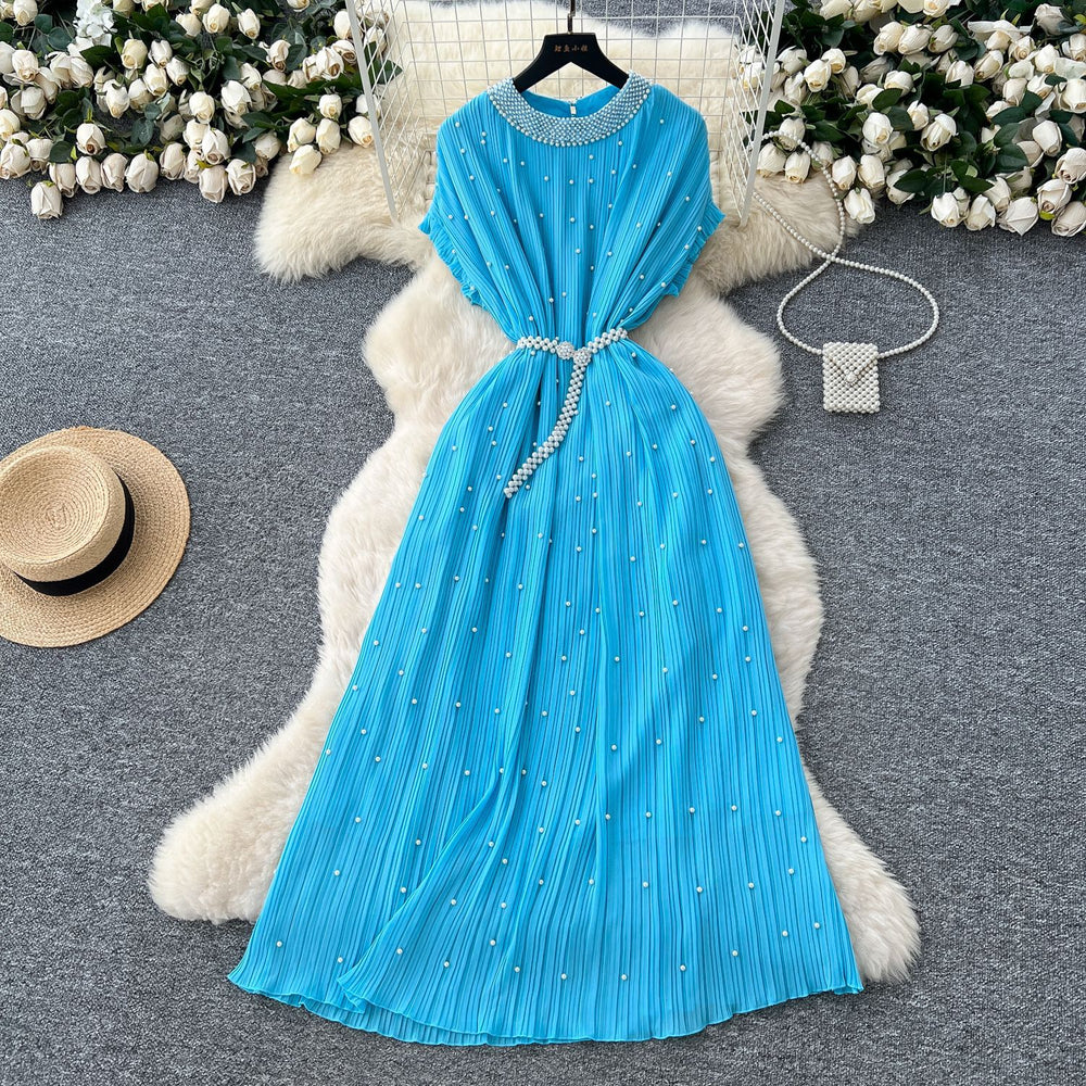 Frenchclassyelegant heavy industry beading round neck short sleeve pleated dress women's summer waist slimming lookelegant long skirt