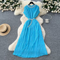 Frenchclassyelegant heavy industry beading round neck short sleeve pleated dress women's summer waist slimming lookelegant long skirt
