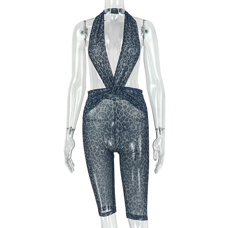 Fashion style insexportsexy hot women's party chest wrap jumpsuit backless leopard print deep v neck trendy jumpsuit
