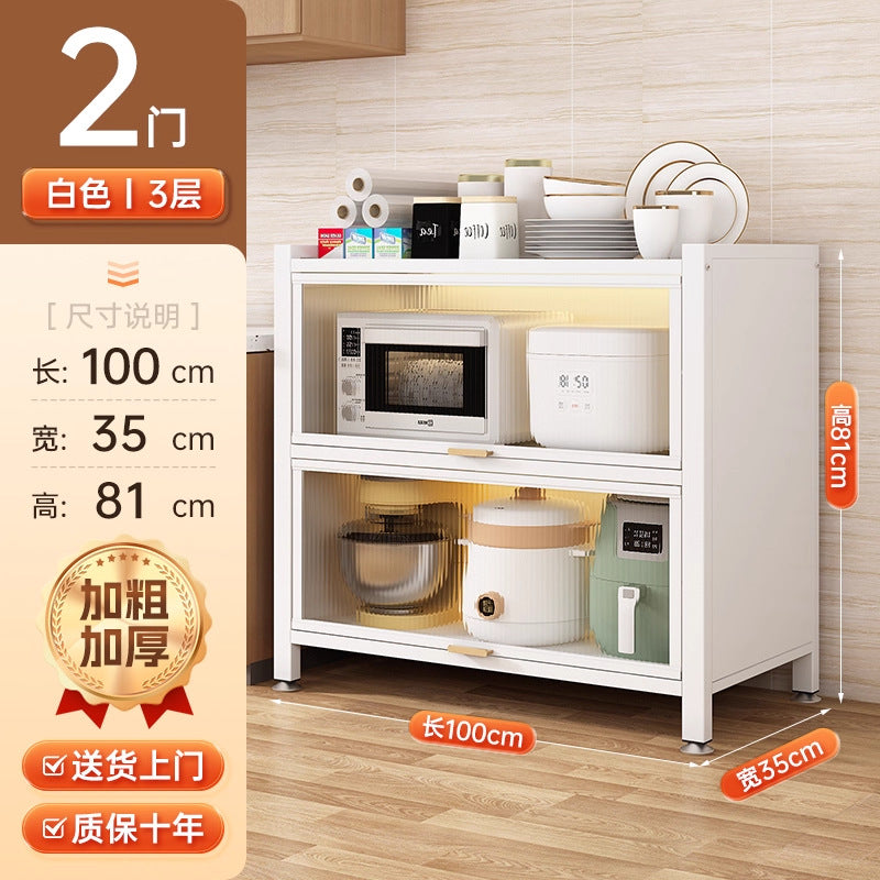 Multifunctional kitchen storage rack with cabinet doors, floor-standing, multi-tier, dustproof storage cabinet for microwave, pots, pans, and bowls