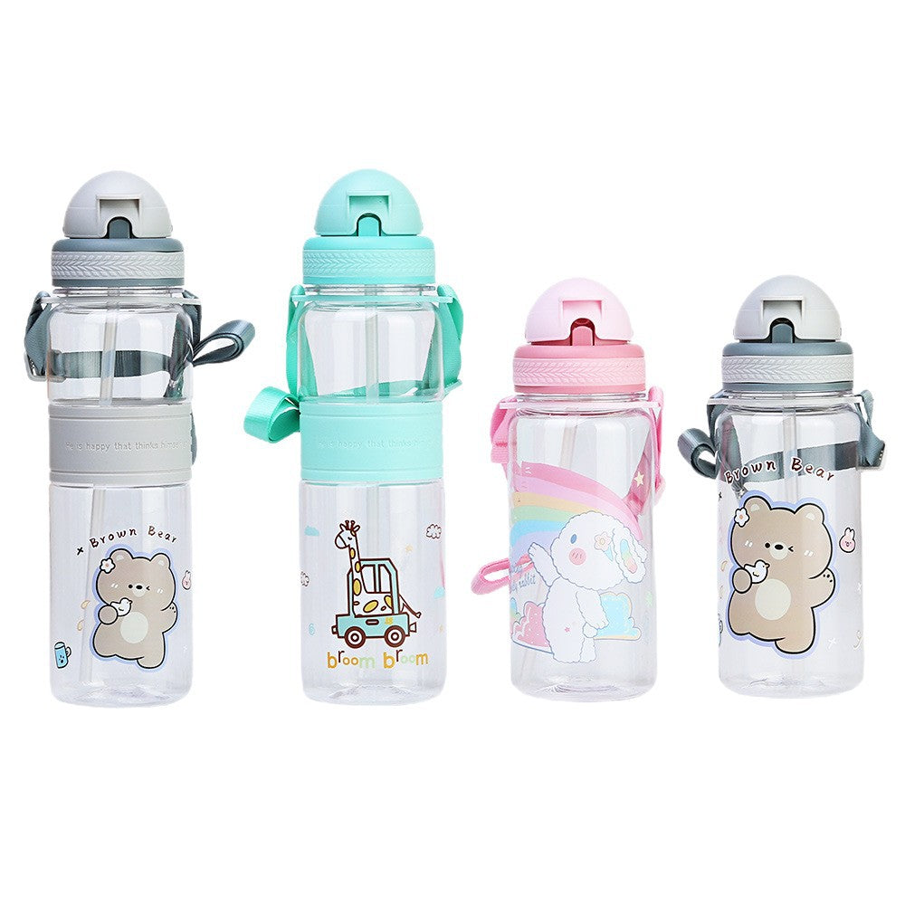 Factory custom cute cartoon kids straw cup cross-border plastic water bottle portable strap flip-top children's water bottle