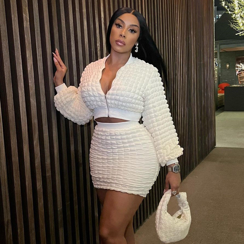 European and american cross-border women's clothing:  new fashion casual slim-fit bubble zipper top and bodycon skirt set