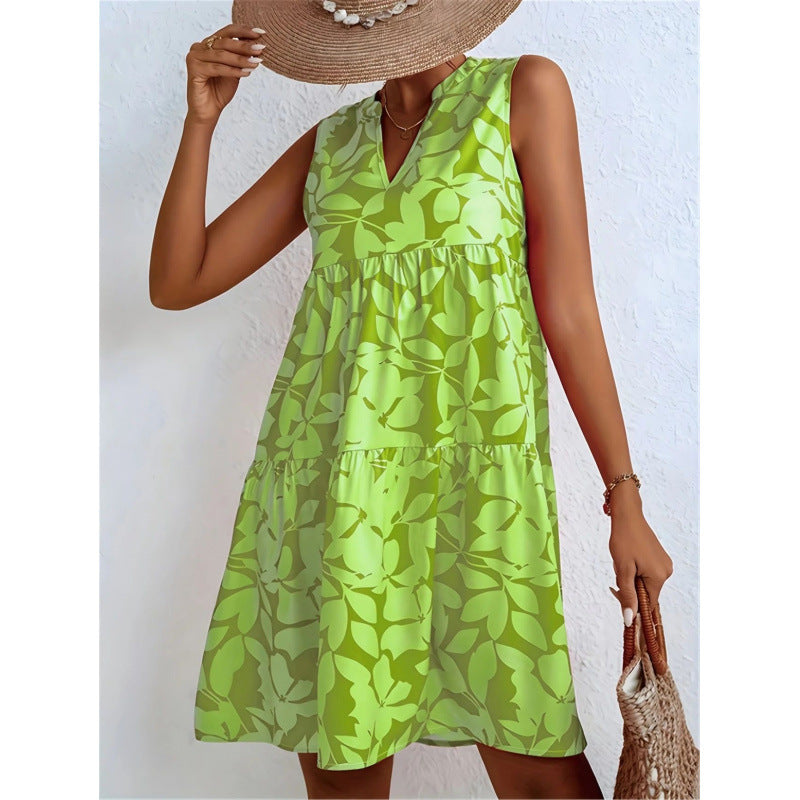 Shipped to europe and the us:  independent store women's v-neck printed dress, sleeveless a-line skirt