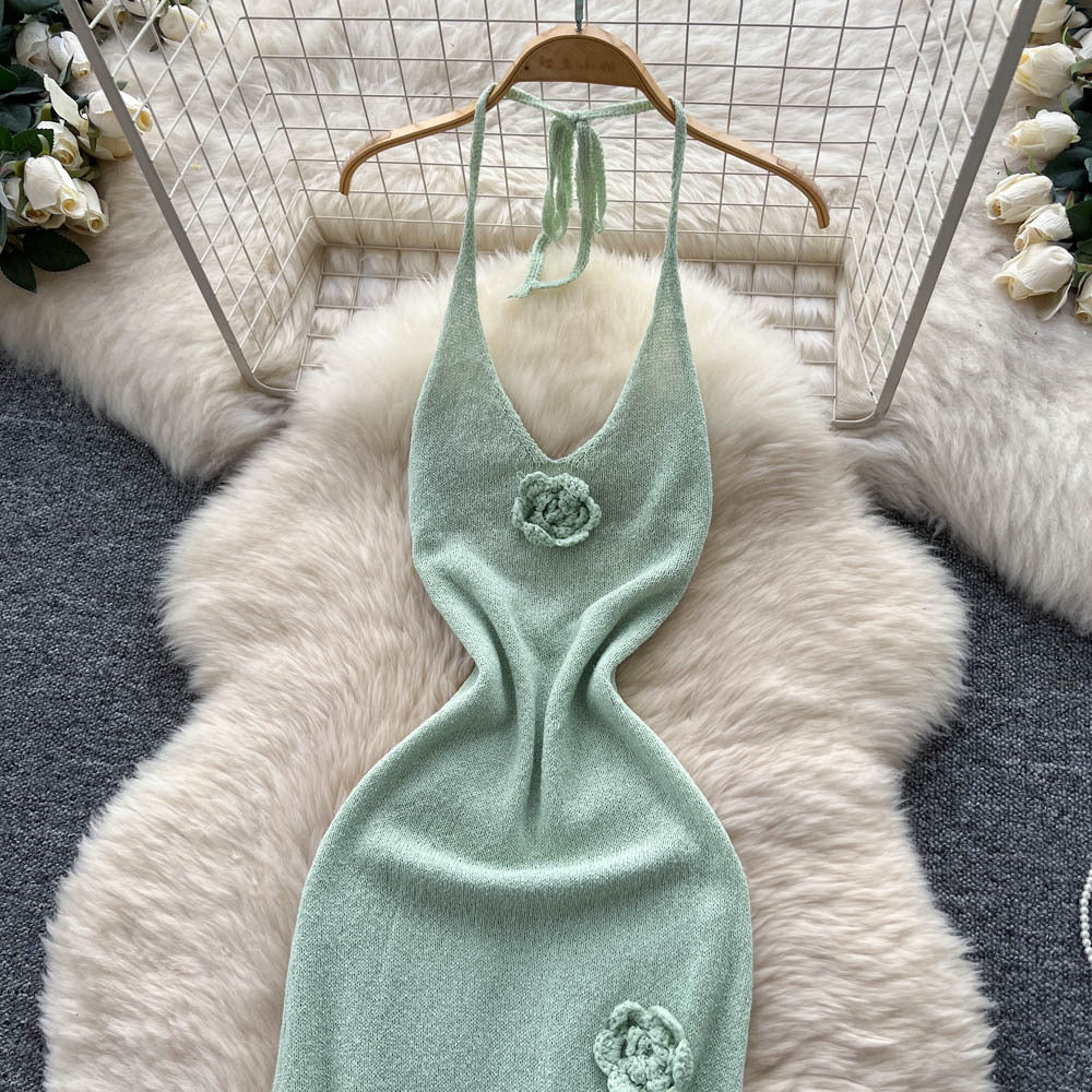 Fashionins pure lust hot girl halter suspender flower knittingdress female sense of design slit waist long skirt