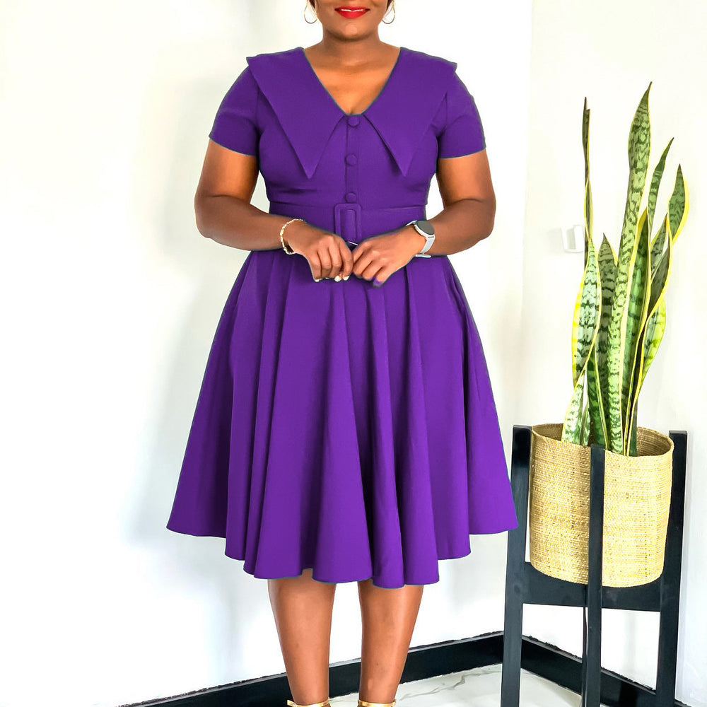 D588  foreign trade women's fashion european and american style elegant peter pan collar short sleeve stretchy a-line african dress