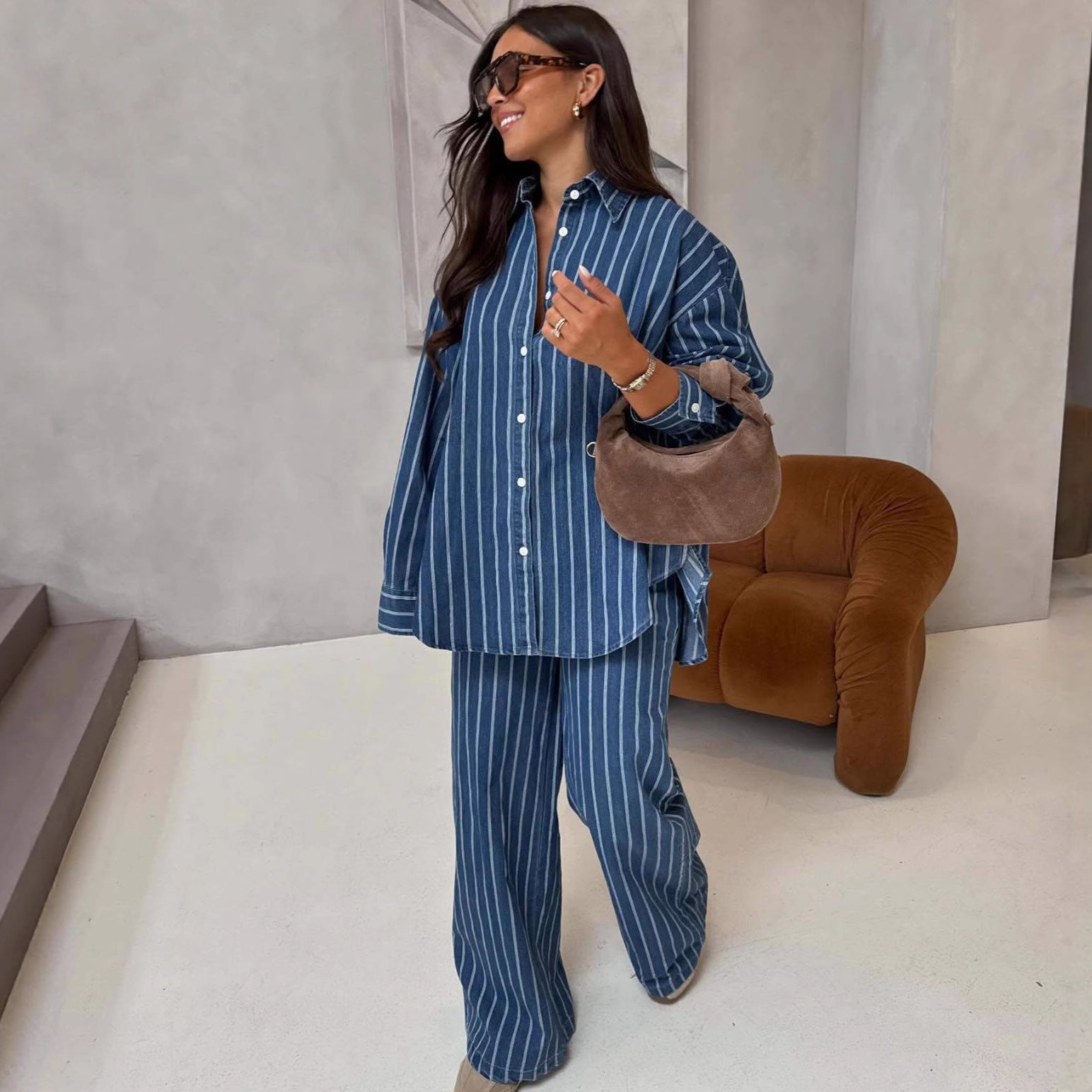 European and American long-sleeved casual lapel cardigan striped shirt women's African foreign style large size new women's trousers two-piece set