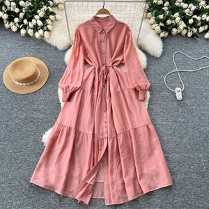 Lazy chic retro fashion casual long-sleeve shirt dress - women's loose tie-waist stylish maxi dress
