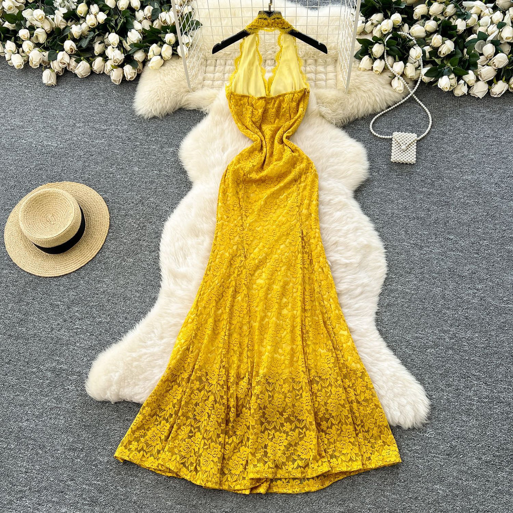 French chic v-neck halter lace dress - women's summer sexy slim-fit open back mermaid maxi dress