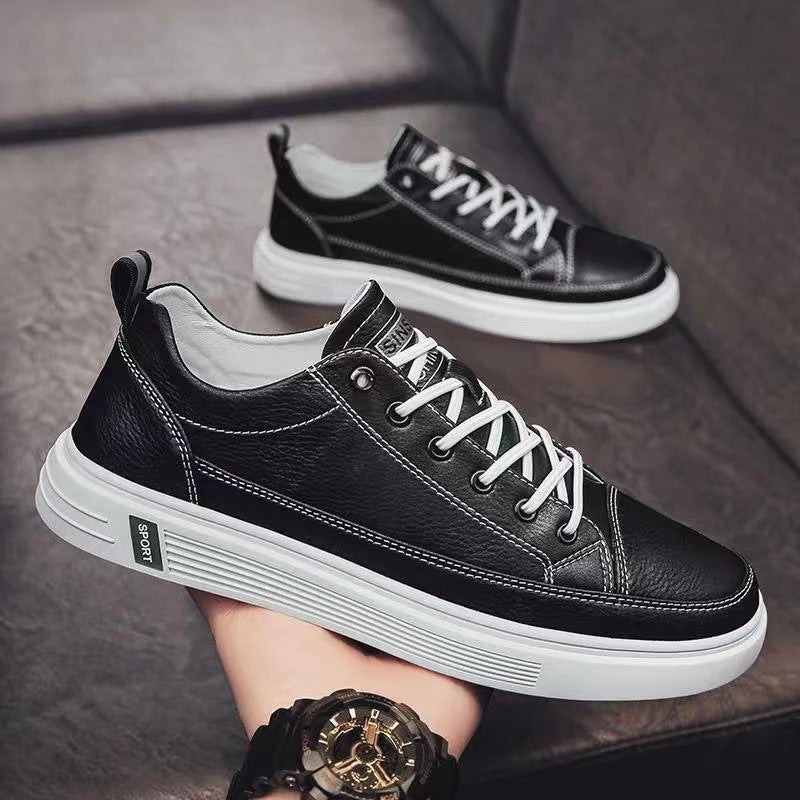 Men's spring versatile casual leather shoes - new korean style trendy breathable sneakers - white shoes