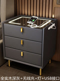 Solid wood three-drawer nightstand, light grey finish, with wireless charging, tri-color lighting, and usb ports