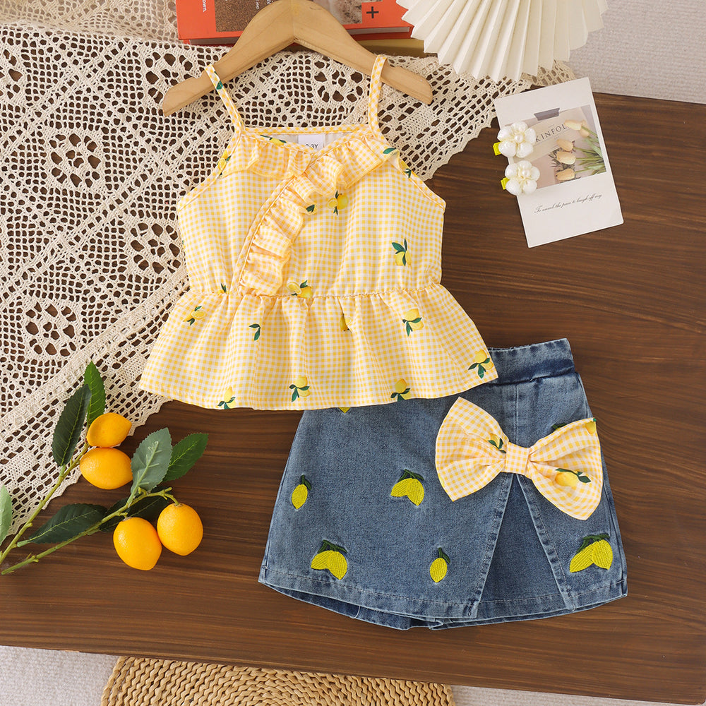 Export cross-border children's clothing girl printing suspender suit summernew arrivalembroider denim skirt and pants two-piece set