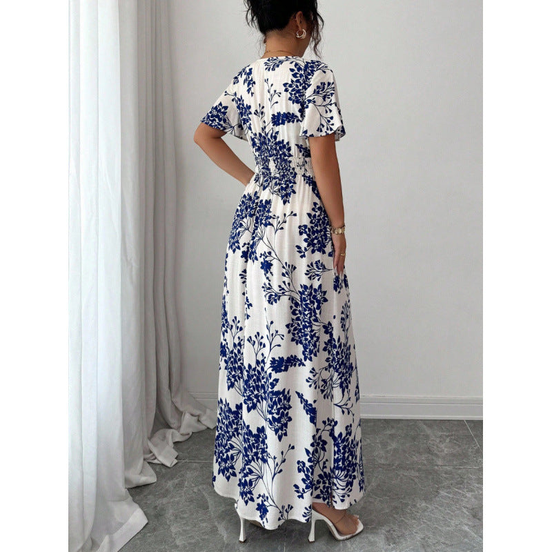 cross-border european and american floral print dress - butterfly sleeve, slit thigh maxi dress