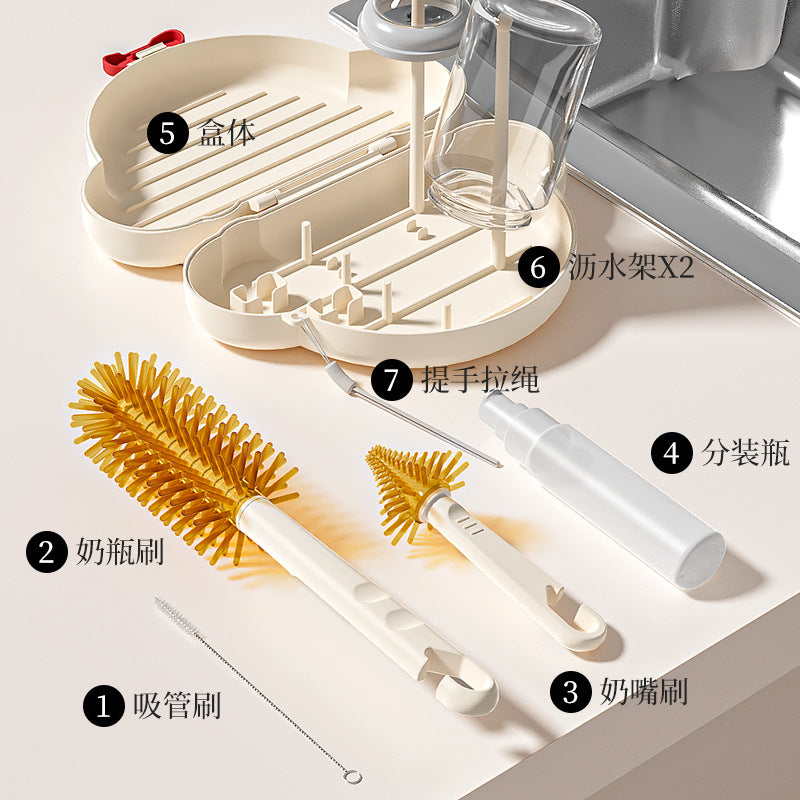Silicone portable bottle brush - baby & infant bottle cleaning brush with drain rack & storage box - travel cleaning brush