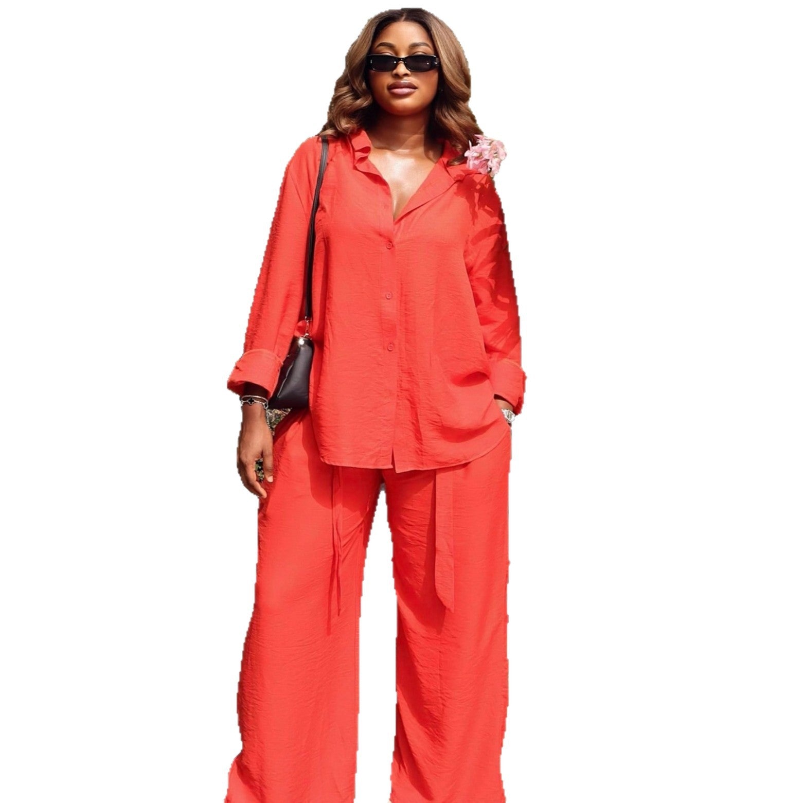 European and American large-size women's clothing solid color long-sleeved cardigan lapel shirt high waist trousers women's African fashion foreign style two-piece set