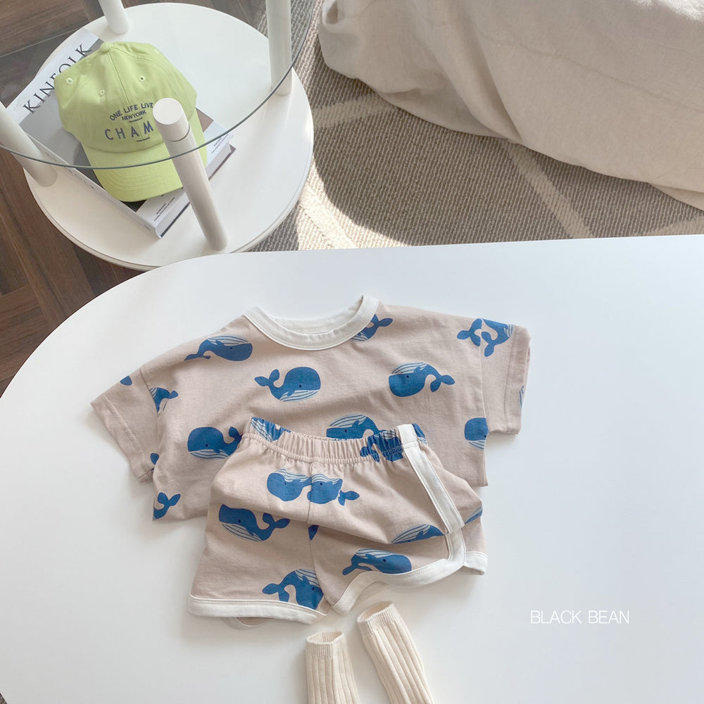 summer new korean style kids' dolphin print short sleeve & shorts cotton set - baby cartoon loungewear