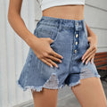 Fashion cross-border summer new women's clothing   slimming look one-row button denim ripped shorts hot pants for women