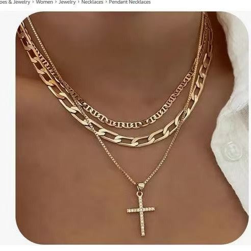 Fashion cross-border hot-selling multi-layered necklace stylish full diamond multi-layered cross pendant necklace clavicle chain