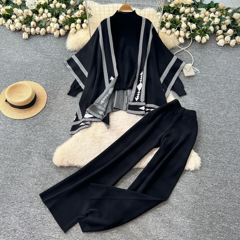 Lazy style sweatersuit women's autumcasualeasiest for match high collar knittingtopsloose outer shawl high waistpants