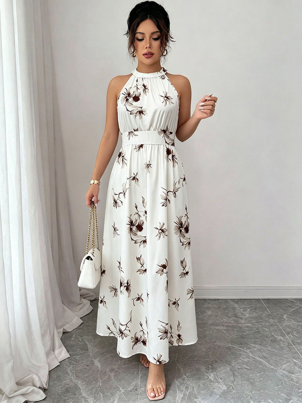 European and american cross-border women's summer  elegant halter neck tie waist floral print pleated maxi swing dress