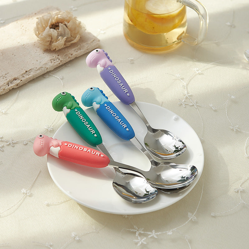 Cartoon dinosaur stainless steel cutlery set - anti-scald handles, forks & spoons, multiple colors available, wholesale children's western dinnerware