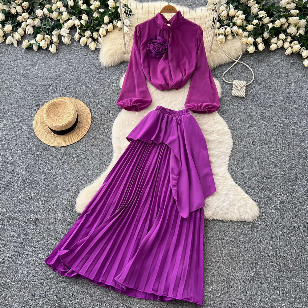 Light mature style red lantern sleeve stereo flower two-piece set women's spring waist pleated skirt classyelegantsuit