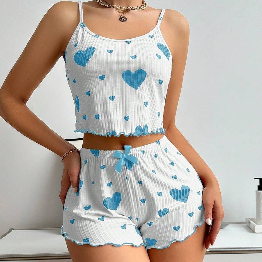 European and american style women's two-piece ribbed knit pajama set with heart print, camisole, and bowknot shorts