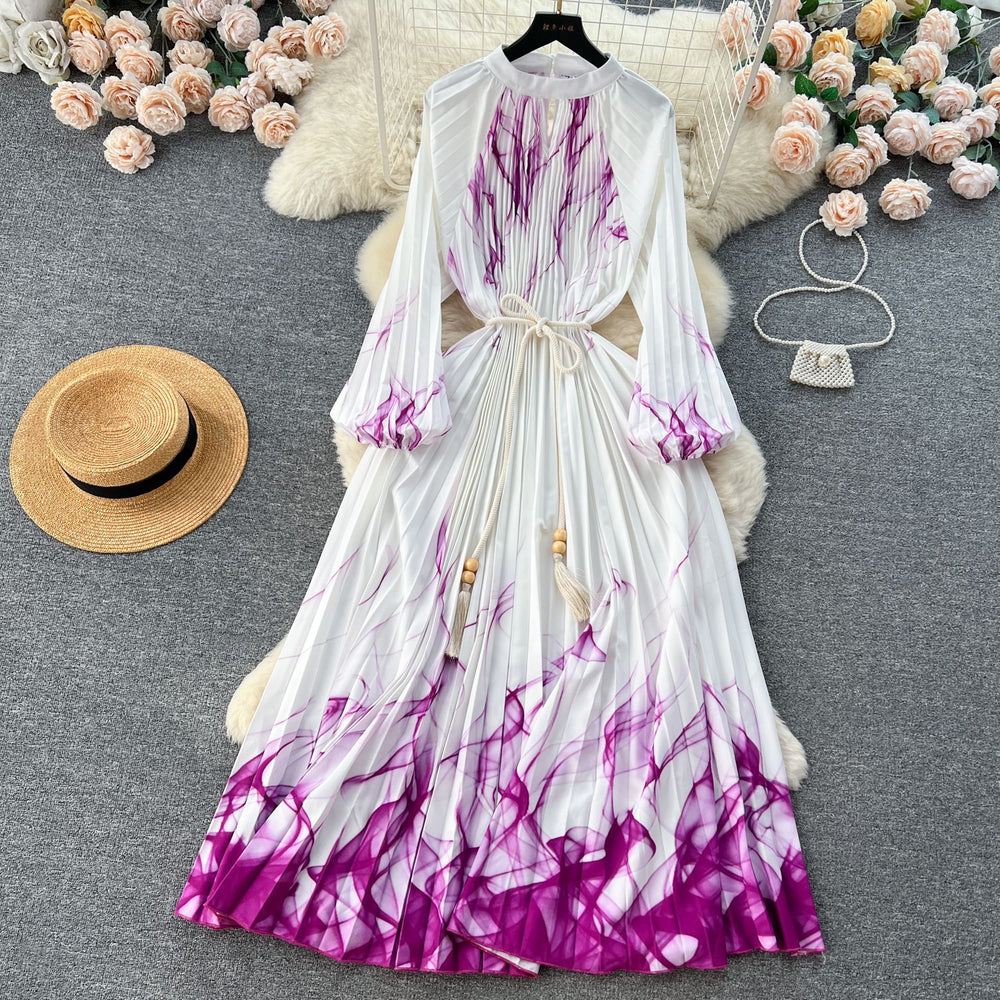 European and american retro court style design printed long dress with heavy pleating, puff sleeves, and pleated skirt - spring collection for women