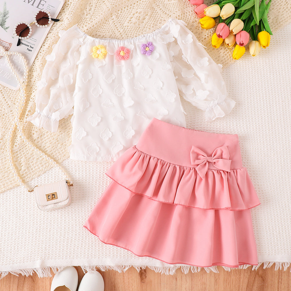 girls' two-piece set: white tulle top with floral appliqué and pink tiered skirt - autumn outfit for kids