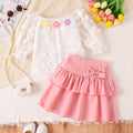 girls' two-piece set: white tulle top with floral appliqué and pink tiered skirt - autumn outfit for kids