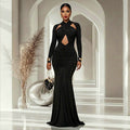Fashion cross-border elegant banquet women's pure color close-fitting curve hip skirt design sexy chest-wrapped long sleevesdress