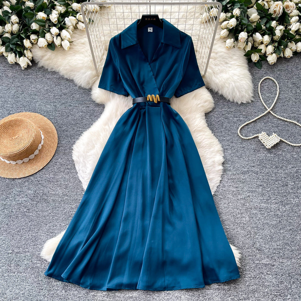 Light mature style lapel short-sleeved satindress women's summer soft waist slimming look a-line long skirt work clothingelegant