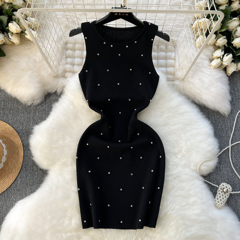 Accessible luxury diamond quiltedknittingdress women's elegant round neck silm short stretch wrap skirt sleeveless vest skirt