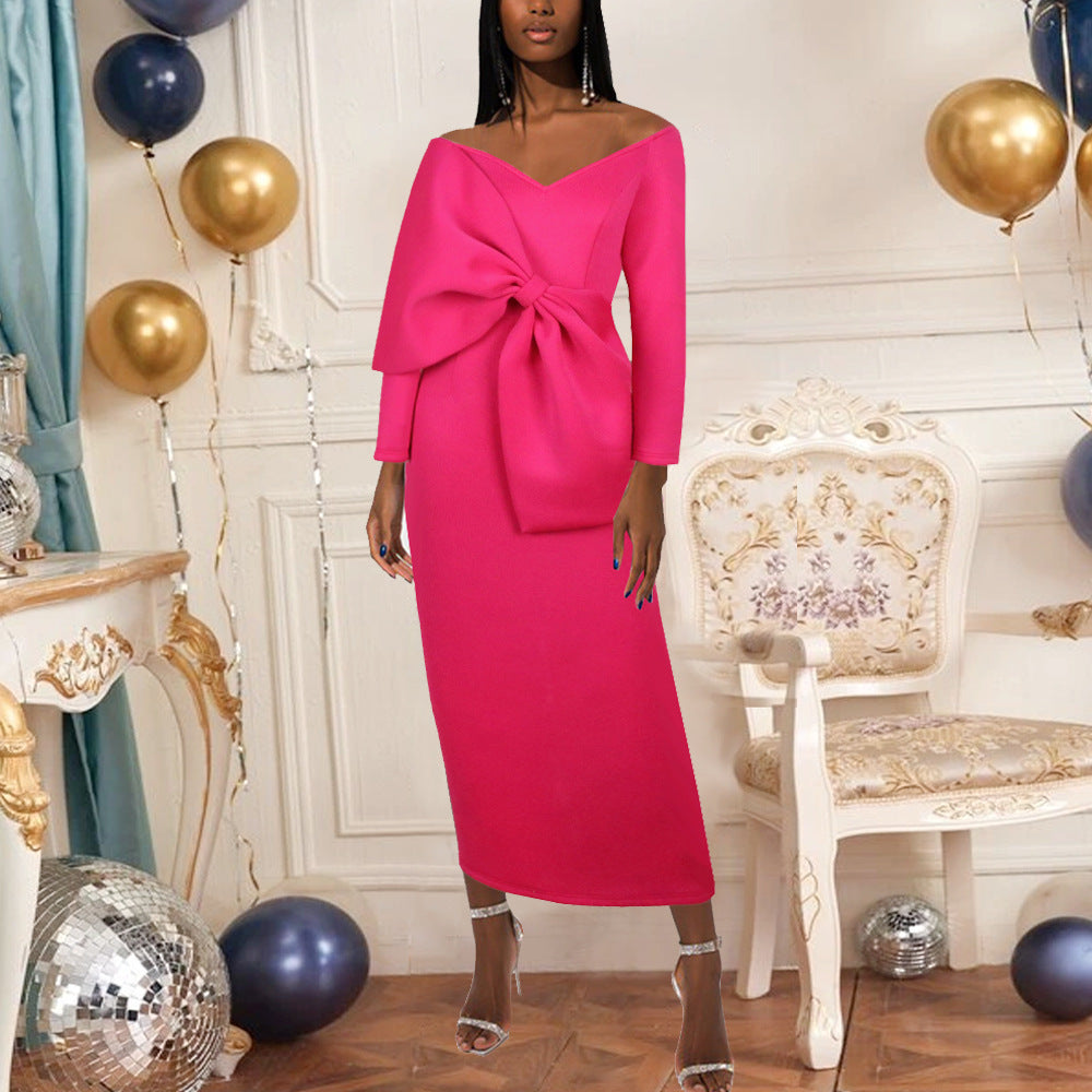 Am210730 deep v bow high waist hip party plus size women's dress party dress