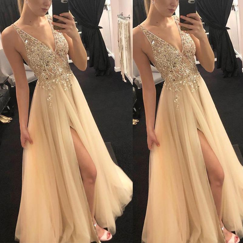 Shiny evening dress : european and american summer gold v-neck patchwork dress, party evening gown for women