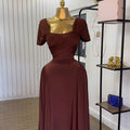 European and american cross-border women's fashion:  summer new arrival - elegant solid color square neck high-waisted a-line short sleeve midi dress