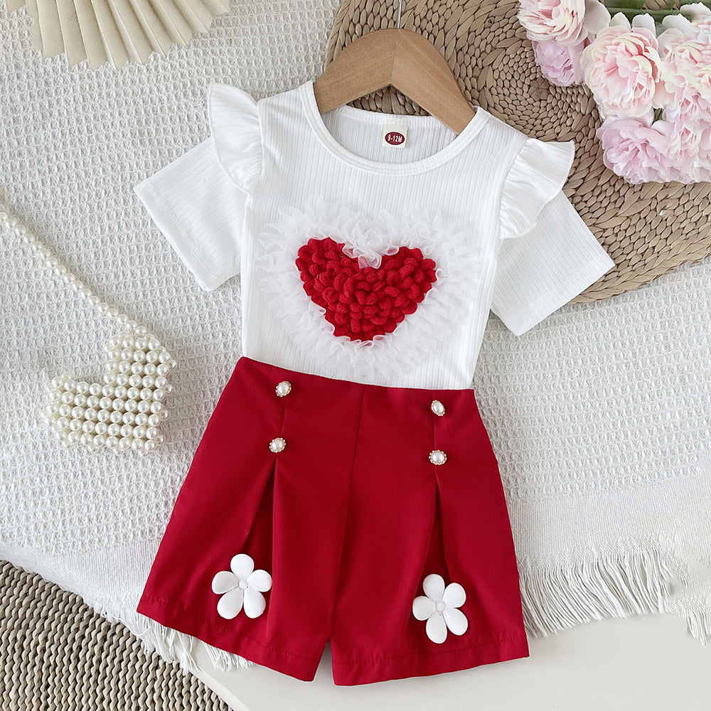 cross-border baby & toddler fresh & sweet mesh 3d heart crewneck top + casual shorts two-piece set