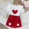 cross-border baby & toddler fresh & sweet mesh 3d heart crewneck top + casual shorts two-piece set